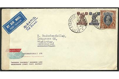 4 As., 8 As. og 1 Rup. George VI på luftpostbrev stemplet Stock Exchange Bombay d. 27.6.194x til Winterthur, Schweiz.