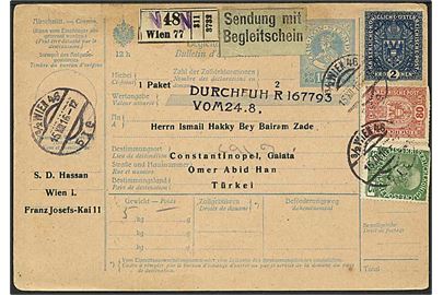 10 h. helsagsadressekort opfrankeret med 87 h. fra Wien d. 15.12.1916 til Constantinople, Tyrkiet.