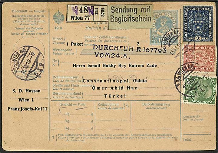 10 h. helsagsadressekort opfrankeret med 87 h. fra Wien d. 15.12.1916 til Constantinople, Tyrkiet.