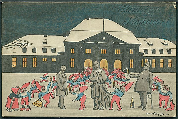 Odense, nisser i gadebilledet ved banegården m. H. C. Andersen. Tegnet af Carl Røgind. Stenders no. 45341. Kvalitet 7