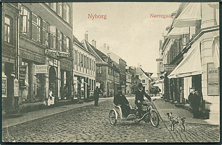 Nyborg, Nørregade med motorsycel med sidevogn. W. & M. no. 763. Kvalitet 7