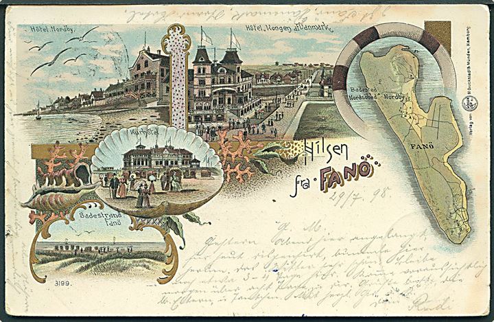 Fanø, “Hilsen fra” med landkort, hoteller og badestrand. Glückstadt & Münden no. 3199. Kvalitet 7