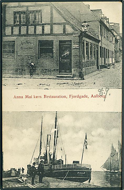 Aalborg, Fjordgade med Anna Mai Kærs restaurant og dampskibet “Fylla”. S.K.F. no. 253. Kvalitet 7
