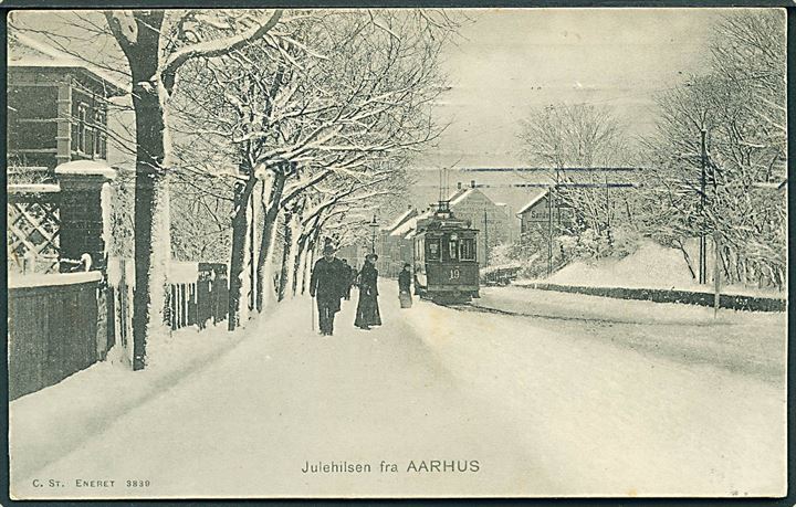 Aarhus, Skovvej med sporvogn no. 19 i sne. Stenders no. 3839. Kvalitet 7