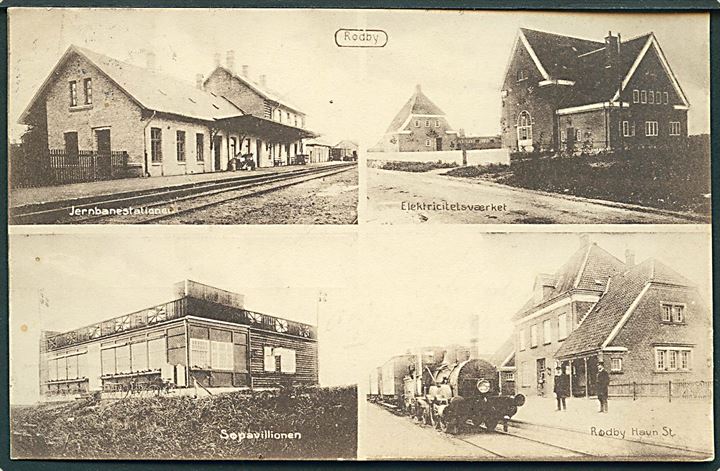 Rødby, partier med både jernbanestation og Rødby Havn station med damptog. Fotograf Schmidt u/no. Kvalitet 7