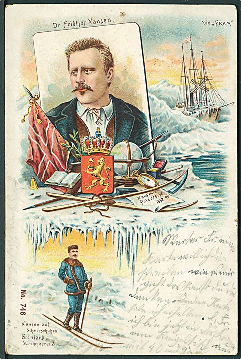 Fridtjof Nansen. Skirejse på Grønland 1888 og polar rejse med “Fram” 1893-1896. No. 746. Nålehul. Kvalitet 6
