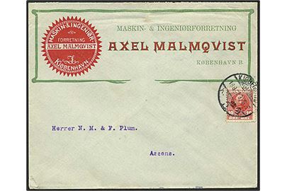 10 øre Fr. VIII på firmakuvert Axel Malmquvist fra Kjøbenhavn d. 18.9.1907 til Assens.