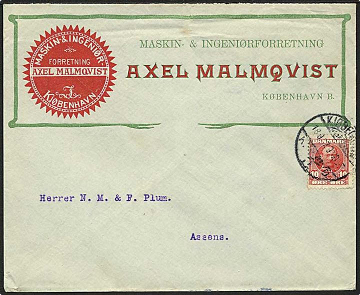 10 øre Fr. VIII på firmakuvert Axel Malmquvist fra Kjøbenhavn d. 18.9.1907 til Assens.
