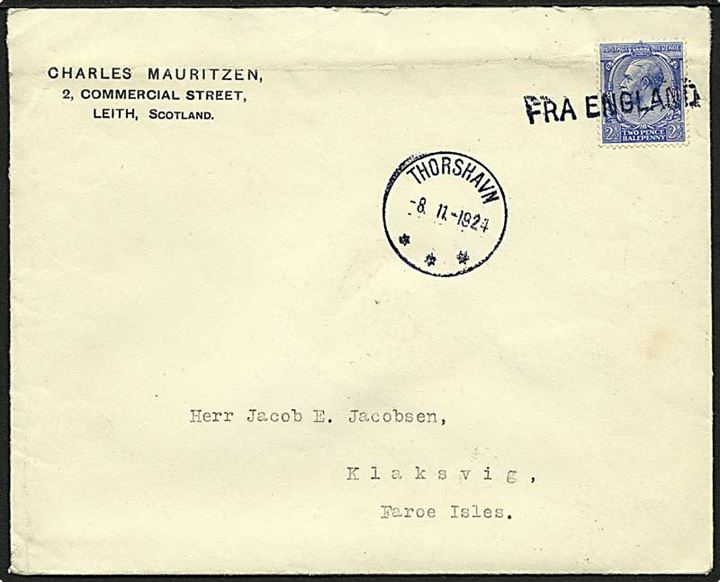 Engelsk 2½d George V på brev fra Leith, Scotland annulleret med skibsstempel Fra England og sidestemplet brotype IIIg Thorshavn d. 8.11.1924 til Klaksvig, Færøerne. Vandret fold i toppen.
