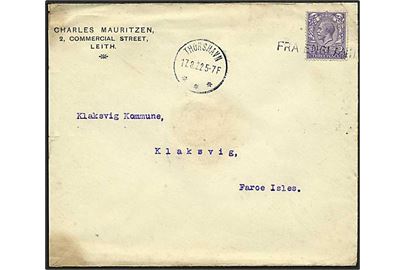 Engelsk 3d George V på brev fra Leith, Scotland annulleret med skibsstempel Fra England og sidestemplet Thorshavn d. 17.8.1922 til Klaksvig, Færøerne. 