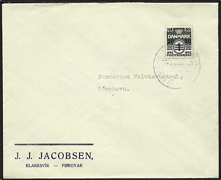 20/1 øre Provisorium single på brev annulleret med svagt Klaksvig klipfiskstempel d. 17.3.1941 til Thorshavn.