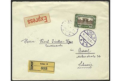 10 kr. Parlament single på anbefalet ekspresbrev fra Linz d. 22.4.1920 til Basel, Schweiz.