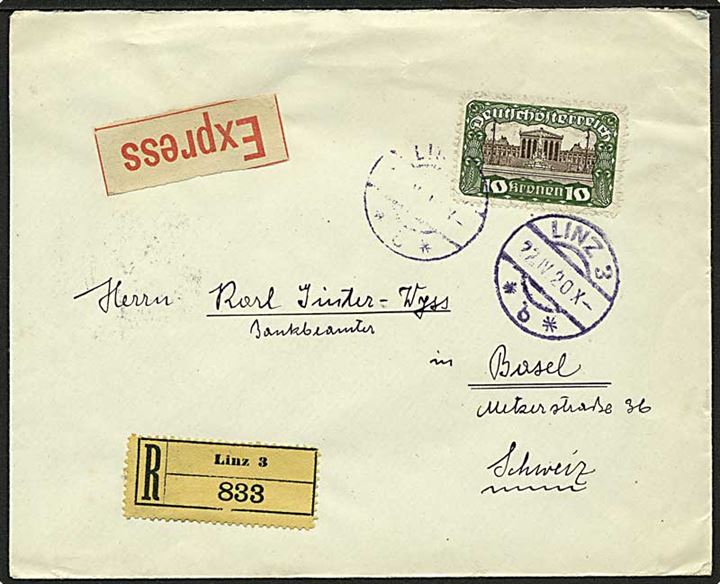 10 kr. Parlament single på anbefalet ekspresbrev fra Linz d. 22.4.1920 til Basel, Schweiz.