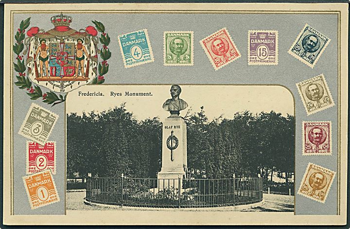 Fredericia, frimærkehilsen med “Ryes Monument”. V.M.K. u/no. Kvalitet 8