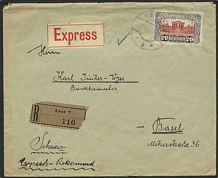 20 kr. Parlament single på anbefalet ekspresbrev fra Linz d. 22.6.1920 til Basel, Schweiz.