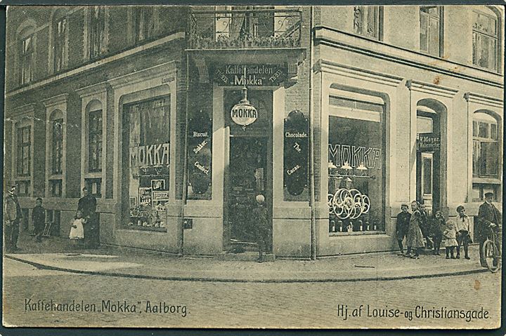Aalborg, Louisegade og Christiansgade med “Mokka” Kaffehandel. Dansk Papirvarerfabrik no. 125584. Kvalitet 7