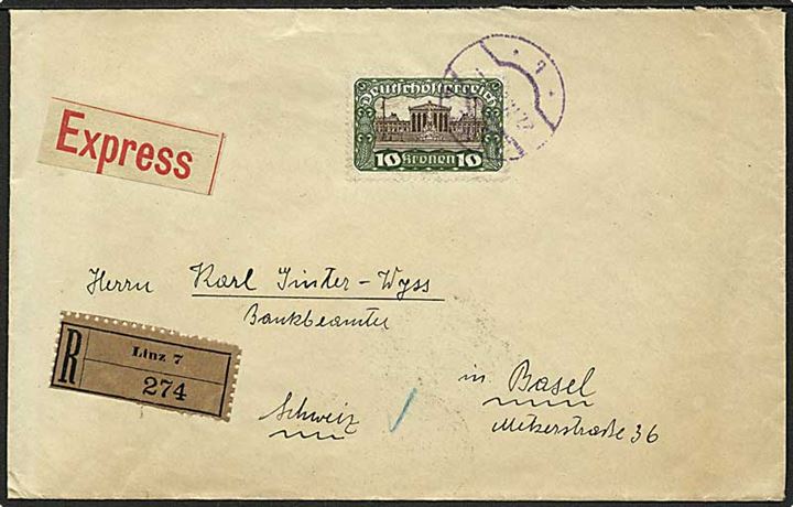 10 kr. Parlament single på anbefalet ekspresbrev fra Linz d. 27.4.1920 til Basel, Schweiz.