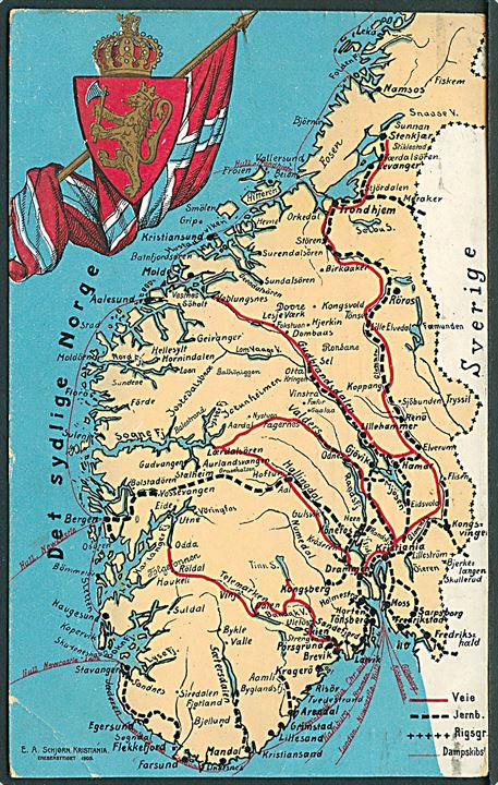 Landkort over det sydlige Norge. E. A. Schjørn u/no. Hj. knæk. Kvalitet 6