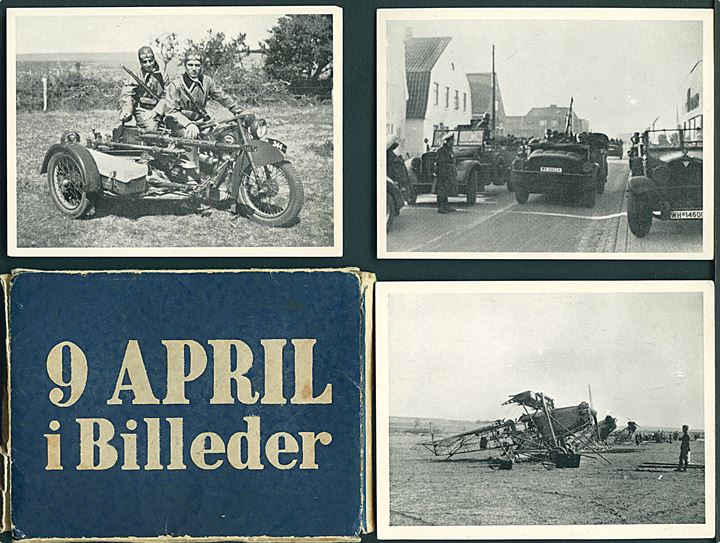 Verdenskrig 2. “9 April i Billeder”. 28 fotos (9x12 cm) og omslag. Uden adresse linier. P. Branners forlag u/no. Kvalitet 7