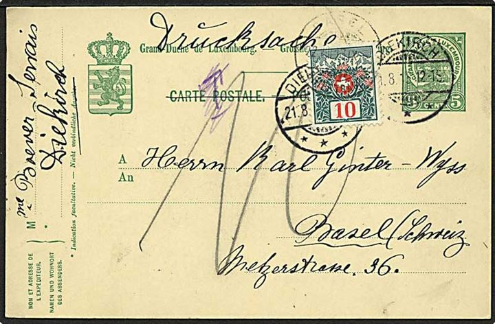 5 c. helsagsbrevkort fra Diekirch d. 21.8.1913 til Basel, Schweiz. Underfrankeret med 10 c. portomærke stemplet Basel d. 22.8.1913.