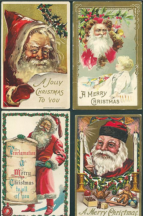 Julemænd i rød kåbe. 9 amerikanske julekort 1906-ca. 1920.  Kvalitet Mix