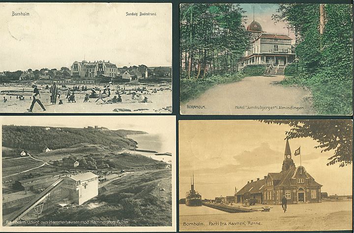 Bornholm. 8 kort fra bl.a. Rønne, Neksø, Sandvig og Christiansø. Ca. 1906-20. Blandet kvalitet. Kvalitet Mix