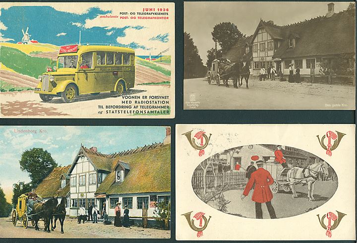 Post. 8 kort med postale motiver, “Rullende Postkontor”, Postbud med fotomappe osv. 1920-60. Blandet kvalitet. Kvalitet Mix