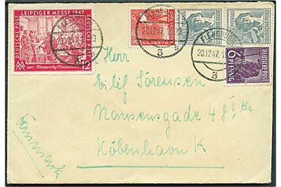 6 pfg., 8 pfg., 12 pfg. (2), samt 12 pfg. Leipziger Messe på brev fra Flensburg d. 20.12.1947 til København, Danmark.