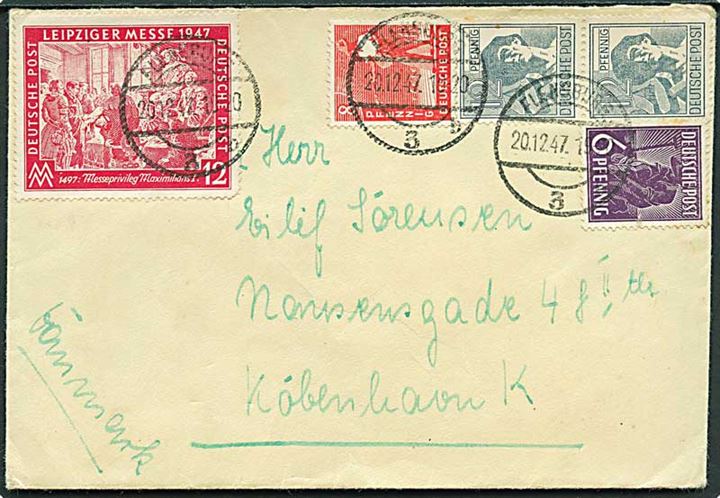 6 pfg., 8 pfg., 12 pfg. (2), samt 12 pfg. Leipziger Messe på brev fra Flensburg d. 20.12.1947 til København, Danmark.