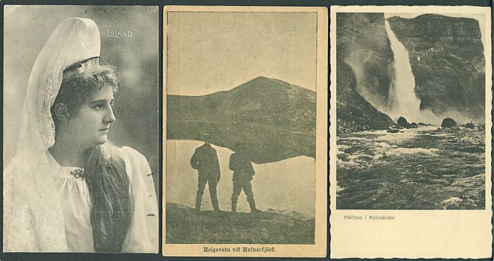 4 kort med Halgavatn, Haifoss, Skagafirdi og kvinde i nationaldragt. Ca. 1912-1930. Kvalitet Mix
