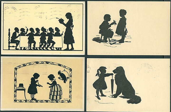 Silhuet. 9 kort med silhuetter - heraf et med original klip. Anvendt i 1920’erne.   Kvalitet Mix