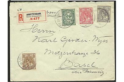 2½ c. Ciffer, 5 c., 7½ c. og 10 c. Wilhelmina på 25 c. frankeret anbefalet brev fra Amsterdam d. 26.5.1920 til Basel, Schweiz.