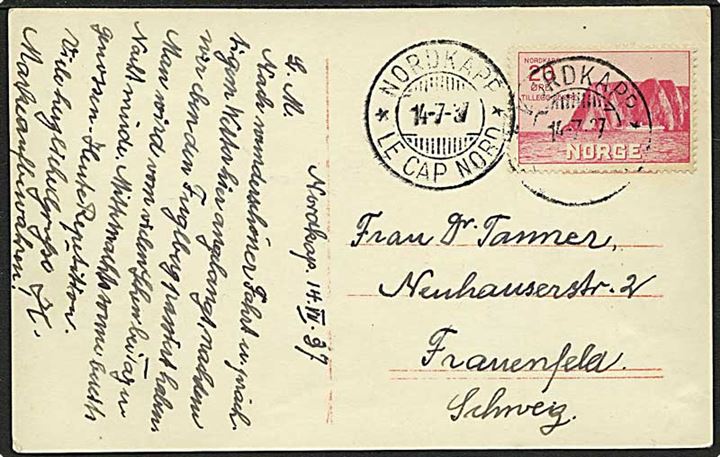 20+25 øre Nordkap I single på brevkort annulleret med 2-sproget stempel Nordkapp d. 14.7.1937 til Frauenfeld, Schweiz.
