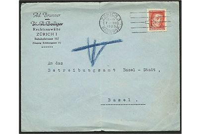 20 c. 1927 Pro Juventute single på brev fra Zürich d. 7.12.1927 til Basel. Fold.