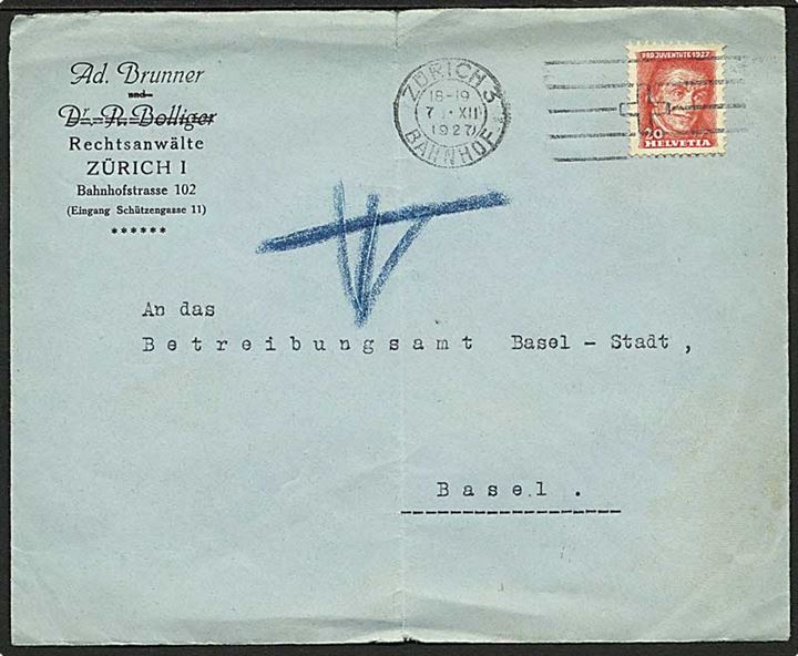 20 c. 1927 Pro Juventute single på brev fra Zürich d. 7.12.1927 til Basel. Fold.