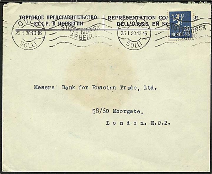 30 øre Løve single på fortrykt kuvert fra Representation Commerciale de l'U.R.S.S. en Norvege stemplet Oslo d. 25.1.1930 til London, England.