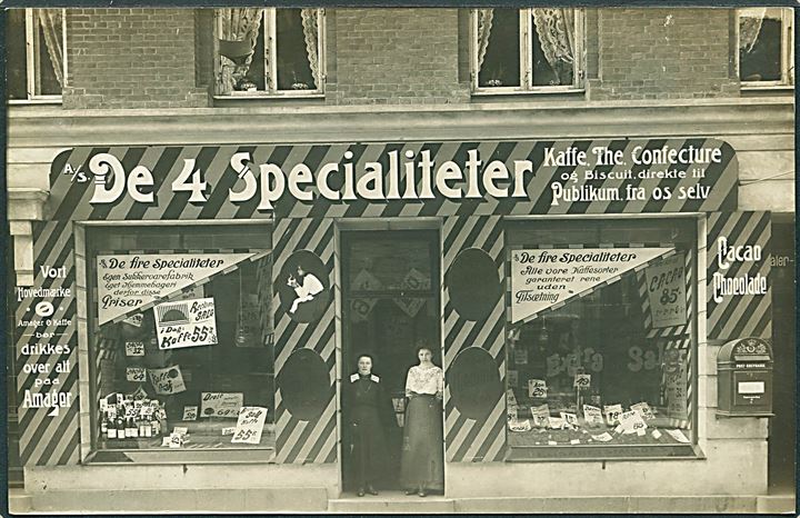 Købh., Amagerbrogade 198 “A/S De 4 Specialiteter” Kaffe- og Thehandel. Fotokort u/no. Kvalitet 10
