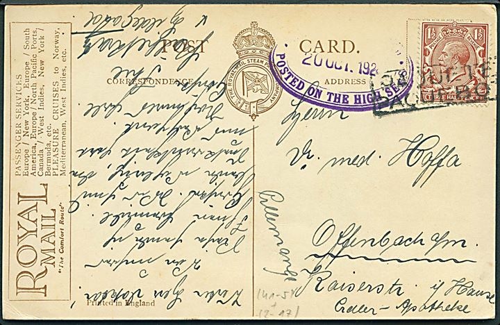 1½d George V på brevkort (R.M.S. Andes) annulleret med portugisisk skibsstempel Paquete/Paquebot og sidestemplet med ovalt purserstempel: (R.M.S.P. Andes) / Posted on the high seas d. 20.10.1924 til Offenbach, Tyskland.