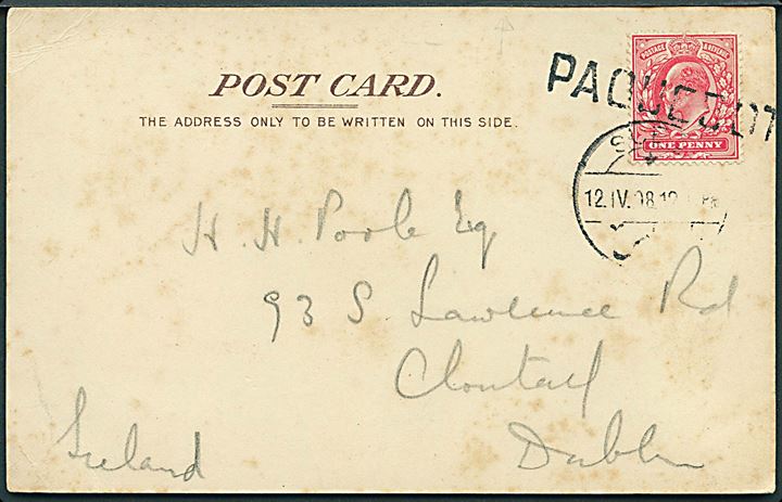 1d Edward VII på brevkort (P&O line S/S Marmora) annulleret PAQUEBOT og sidestemplet Suez d. 12.4.1908 til Dublin, Ireland.
