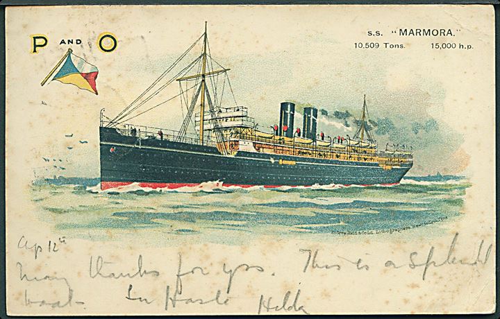 1d Edward VII på brevkort (P&O line S/S Marmora) annulleret PAQUEBOT og sidestemplet Suez d. 12.4.1908 til Dublin, Ireland.