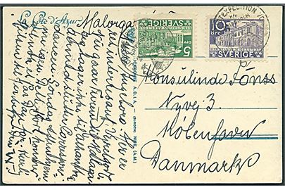 5 öre og 10 öre Riksdagen på brevkort (Roquebrune) annulleret med skibsstempel Sjöpostexpedition 70 M/S Gripaholm d. 24.3.1935 og på bagsiden sidestemplet Malaga d. 25.3.1935 til København, Danmark.