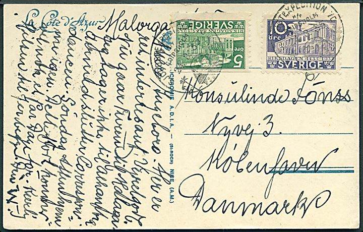 5 öre og 10 öre Riksdagen på brevkort (Roquebrune) annulleret med skibsstempel Sjöpostexpedition 70 M/S Gripaholm d. 24.3.1935 og på bagsiden sidestemplet Malaga d. 25.3.1935 til København, Danmark.