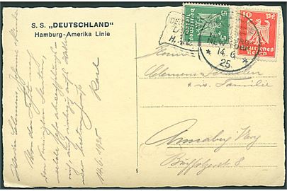 5 pfg. og 10 pfg. Adler på brevkort (S.S. Deutschland) annulleret med skibsstempel Deutschland H.A.L./Deutsch-Amerikanische Seepost Hamburg - New York d. 14.6.1925 til Tyskland.