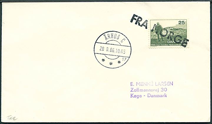 25 øre Dalgas på filatelistisk tryksag annulleret med skibsstempel FRA NORGE og sidestemplet Århus C d. 28.8.1966 til Køge.