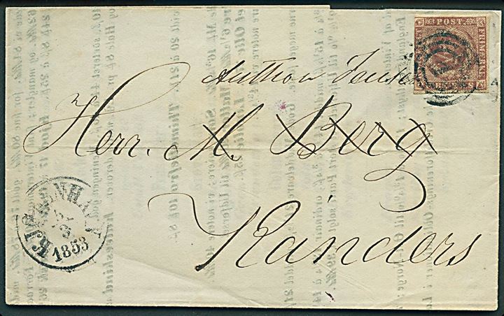 4 R.B.S. Thiele I på markedsberetning annulleret med nr.stempel 1 og sidestemplet antiqua Kjøbenhavn d. 5.3.1853 til Randers.