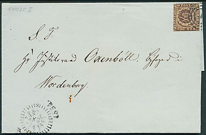 4 R.B.S. Thiele II tæt klippet på brev annulleret med nr.stempel 1 og sidestemplet med kompasstempel Kjøbenhavn 1854 til Vordingborg.