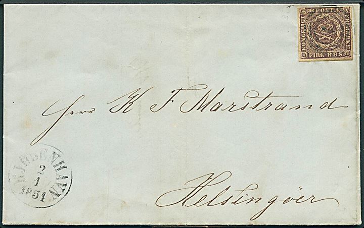 4 R.B.S. Thiele II på brev annulleret med svagt nr.stempel 1 og sidestemplet antiqua Kjøbenhavn d. 2.1.1854 til Helsingør.