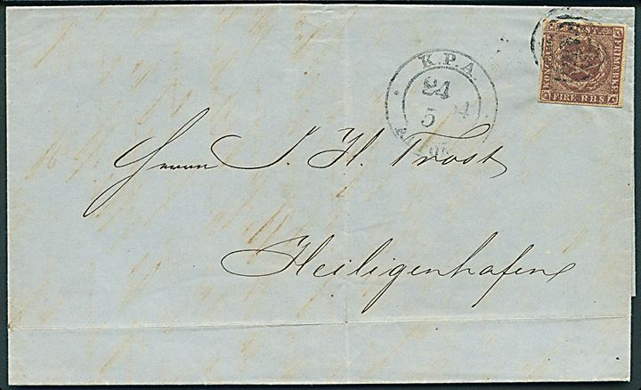 4 R.B.S. Thiele II på brev annulleret med nr.stempel 113 og sidestemplet antiqua K.P.A. Altona d. 24.5.1854 til Heiligenhafen.