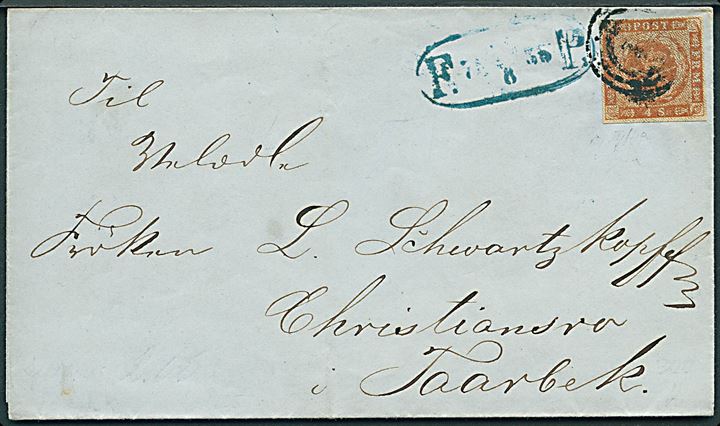 4 sk. 1854 udg. på fodpostbrev annulleret med nr.stempel 1 og sidestemplet F:P: d. x.6.1855 til Christiansro pr. Taarbæk.