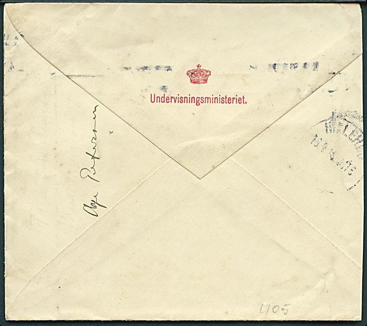 10 øre Chr. X med perfin UM på fortrykt kuvert fra Undervisningsministeriet i Kjøbenhavn d. 16.4.1919 til forfatteren Harry Søiberg i Hillerød. 